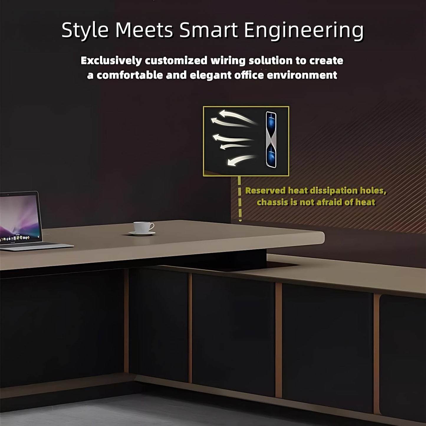 Aihm-Lon Executive Desk with Vintage Gold Large Storage 78.7"-141.7"