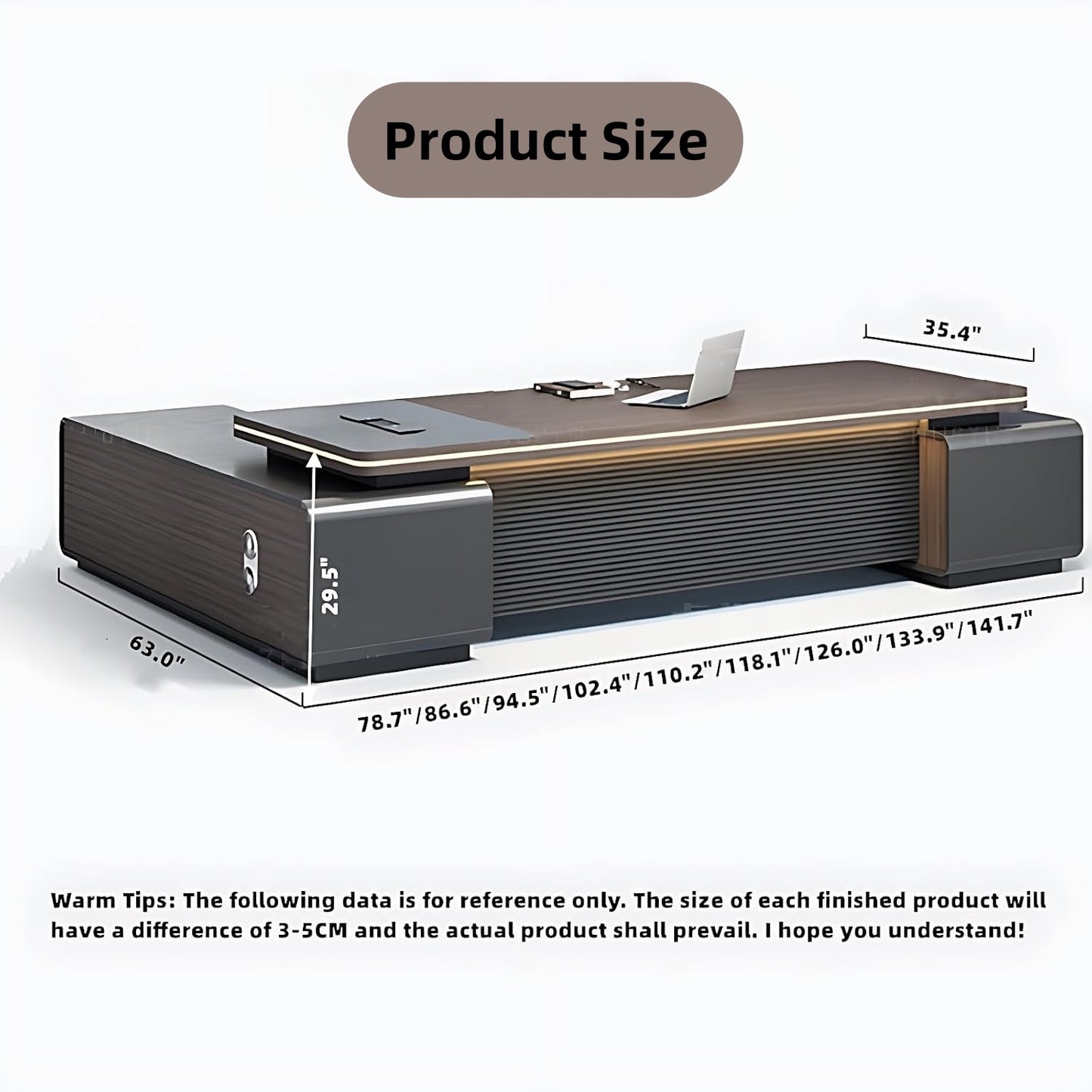 Aihm-Lon Contemporary Executive Desk with Side Storage Cabinet 78.7"-141.7"