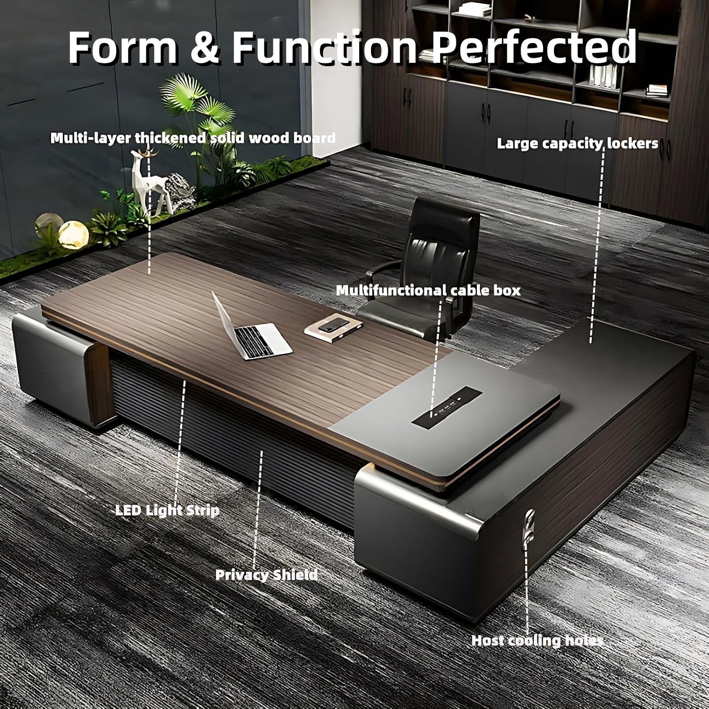 Aihm-Lon Contemporary Executive Desk with Side Storage Cabinet 78.7"-141.7"