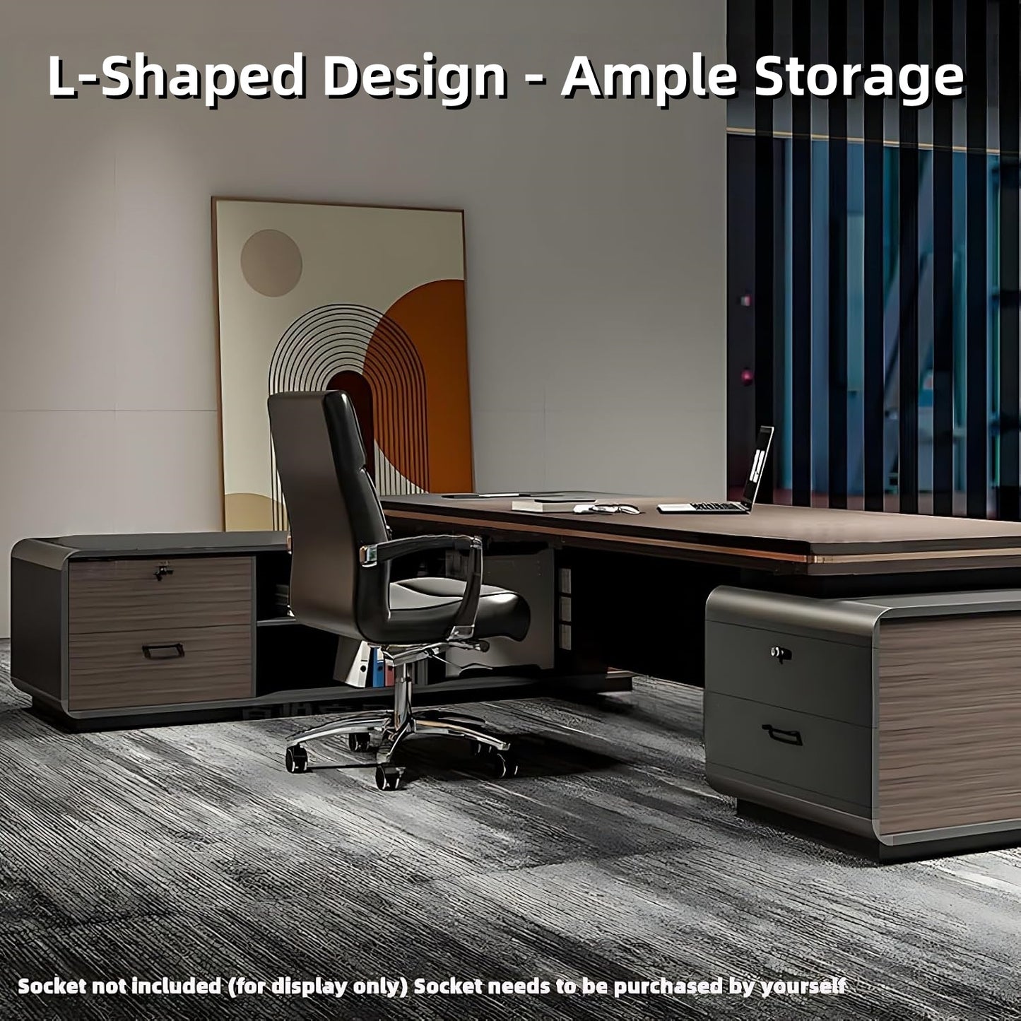 Aihm-Lon Contemporary Executive Desk with Side Storage Cabinet 78.7"-141.7"