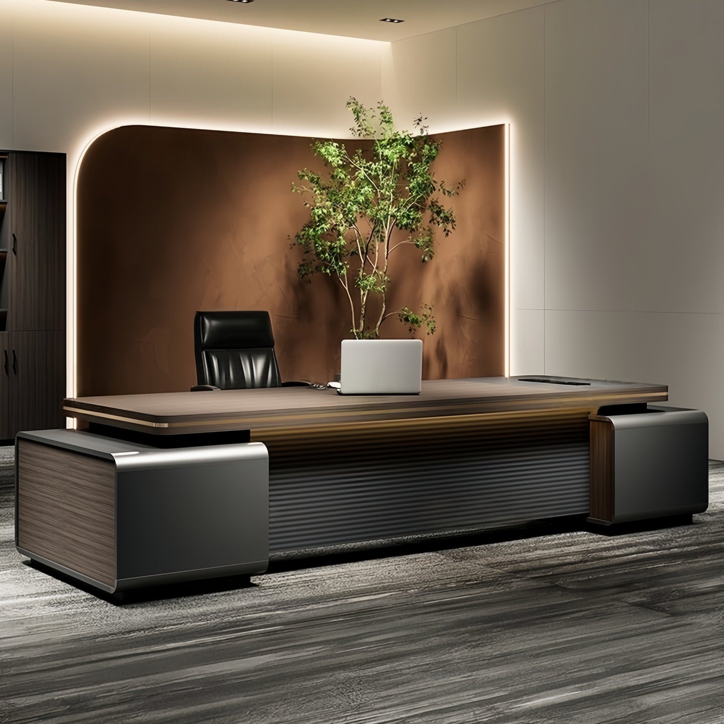 Aihm-Lon Contemporary Executive Desk with Side Storage Cabinet 78.7"-141.7"