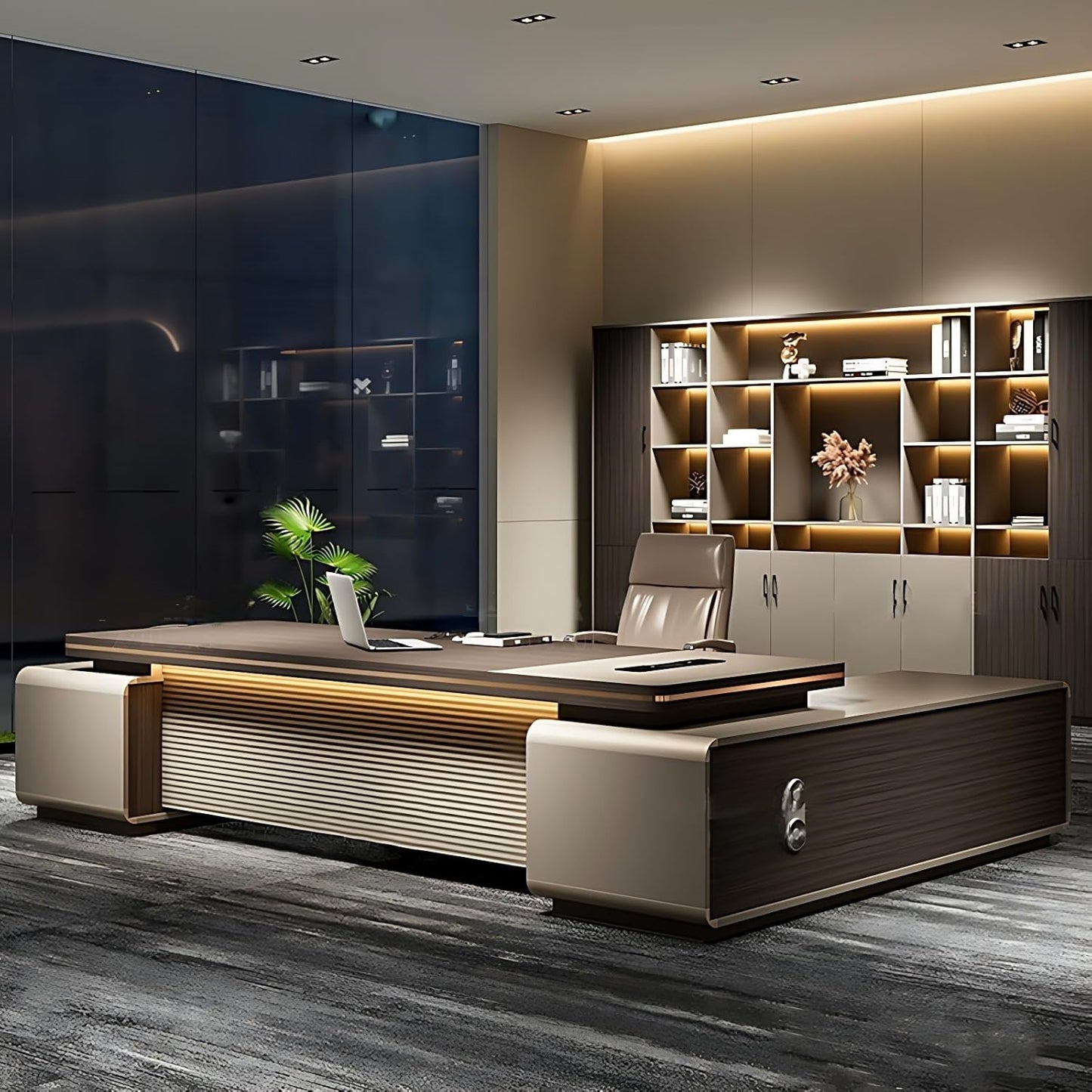 Aihm-Lon Contemporary Executive Desk with Side Storage Cabinet 78.7"-141.7"