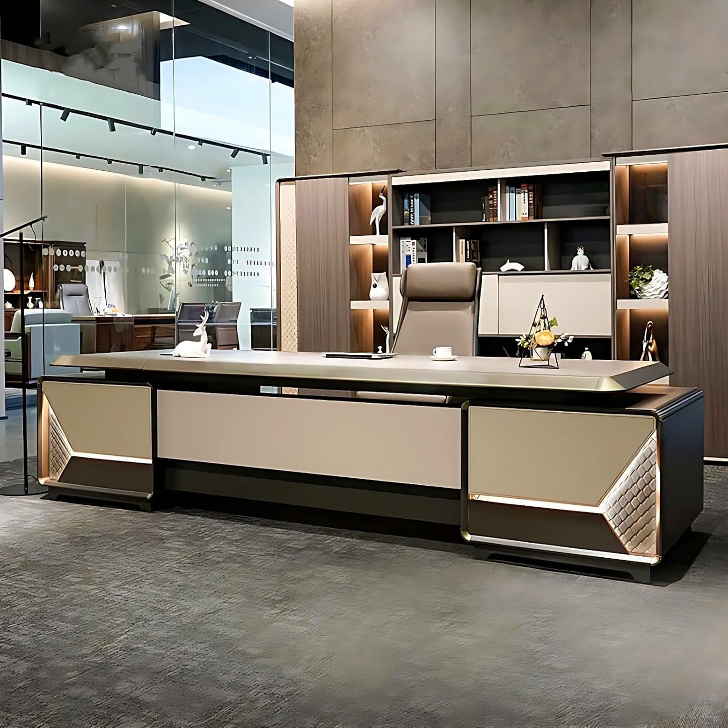 Aihm-Lon Luxury Executive Desk with Champagne Unique Pattern 78.7"-141.7"