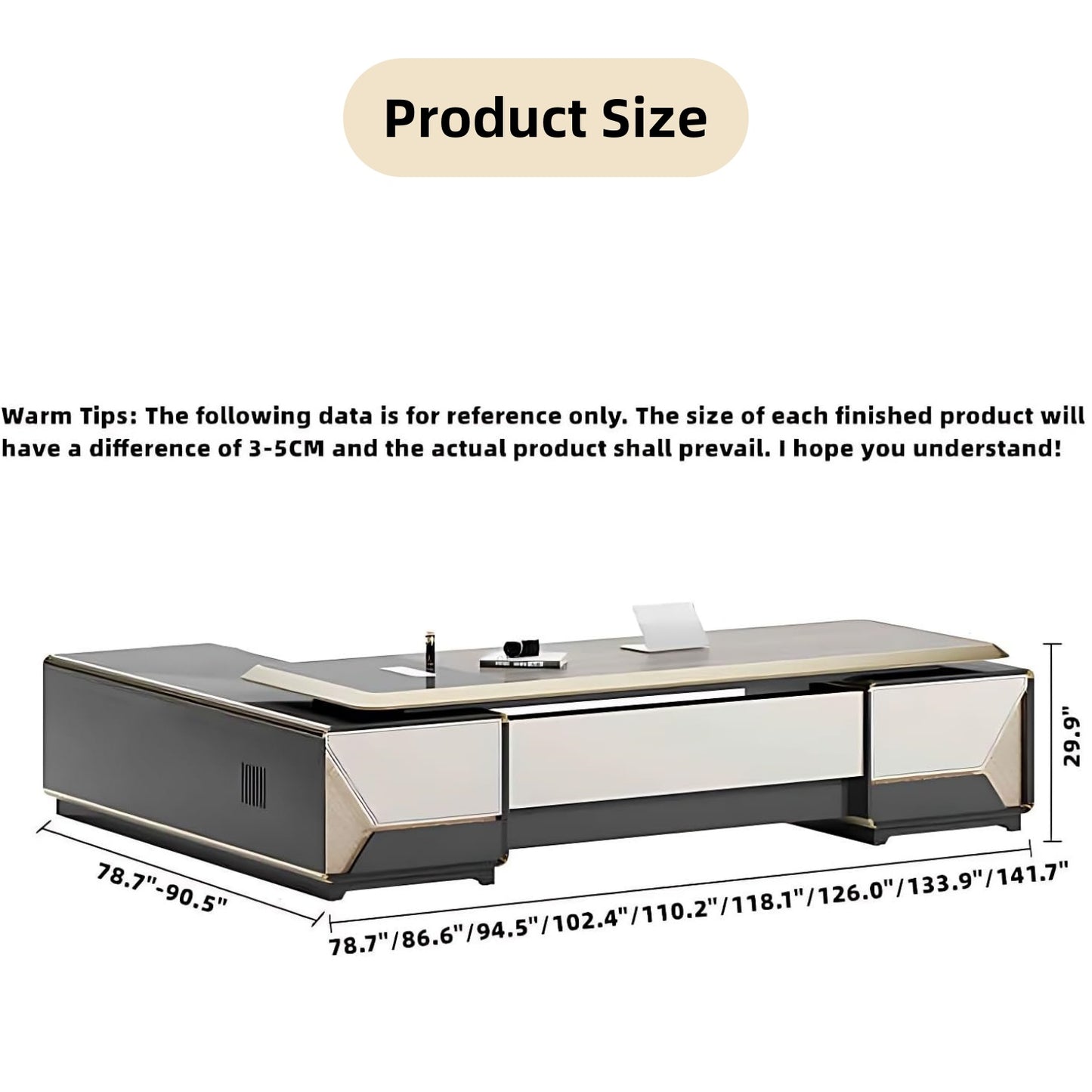 Aihm-Lon Luxury Executive Desk with Champagne Unique Pattern 78.7"-141.7"