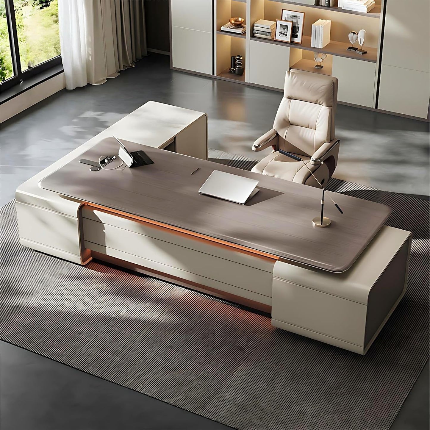 Aihm-Lon Beige Executive Desk with Elegant & Luxe Minimalism 78.7"-141.7"