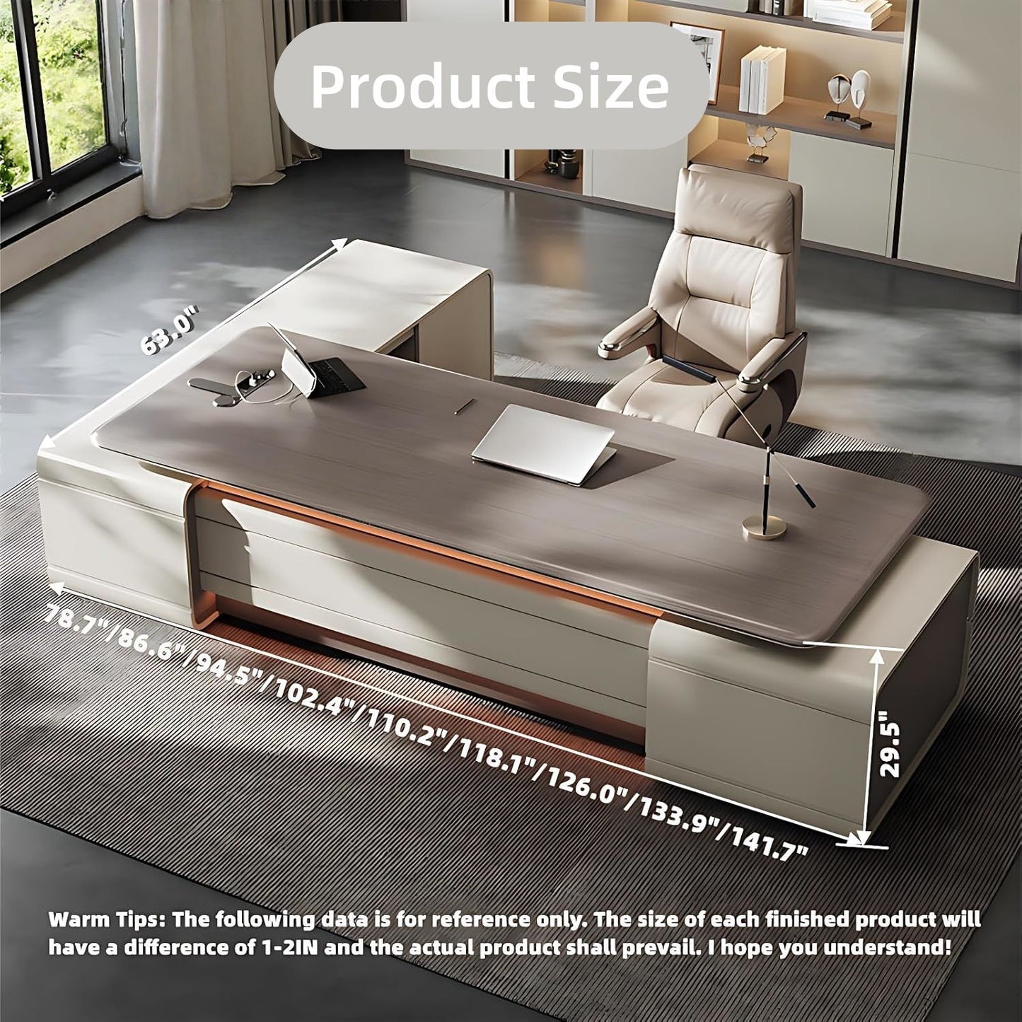 Aihm-Lon Beige Executive Desk with Elegant & Luxe Minimalism 78.7"-141.7"