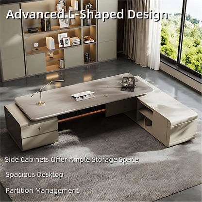 Aihm-Lon Beige Executive Desk with Elegant & Luxe Minimalism 78.7"-141.7"