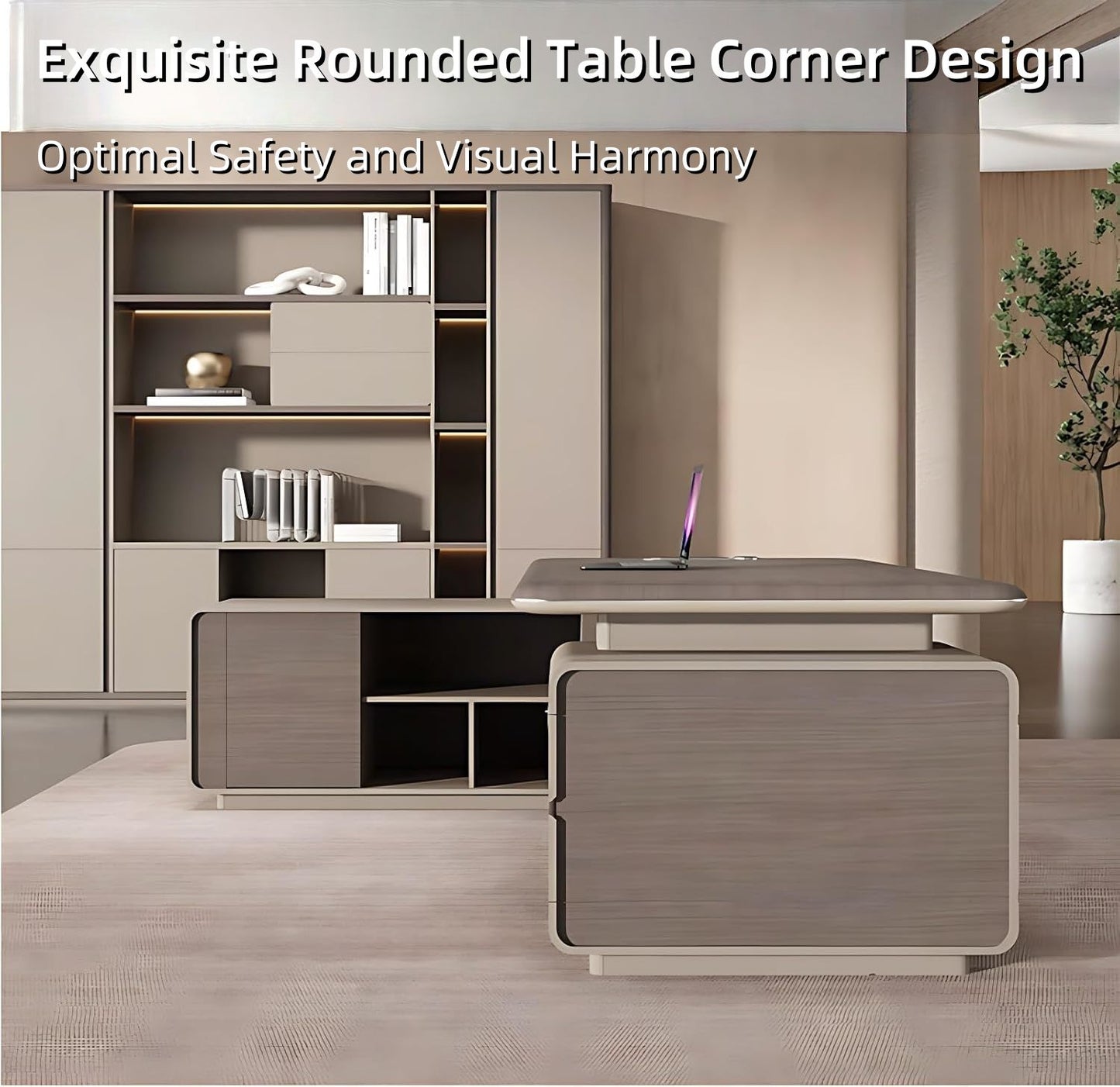 Aihm-Lon Beige Executive Desk with Elegant & Luxe Minimalism 78.7"-141.7"