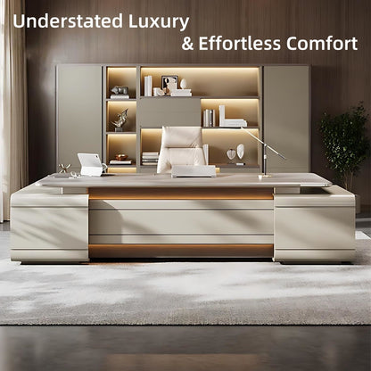 Aihm-Lon Beige Executive Desk with Elegant & Luxe Minimalism 78.7"-141.7"