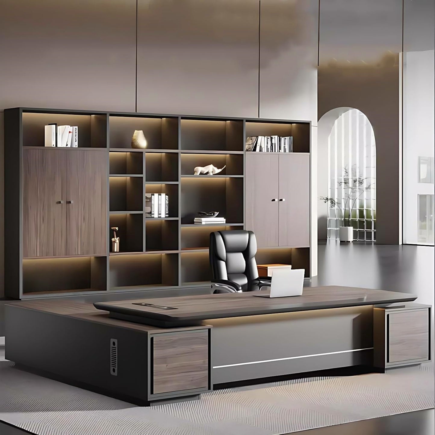 Aihm-Lon Corner Executive Desk with Thick Wooden Tabletop LED Light 78.7"-141.7"