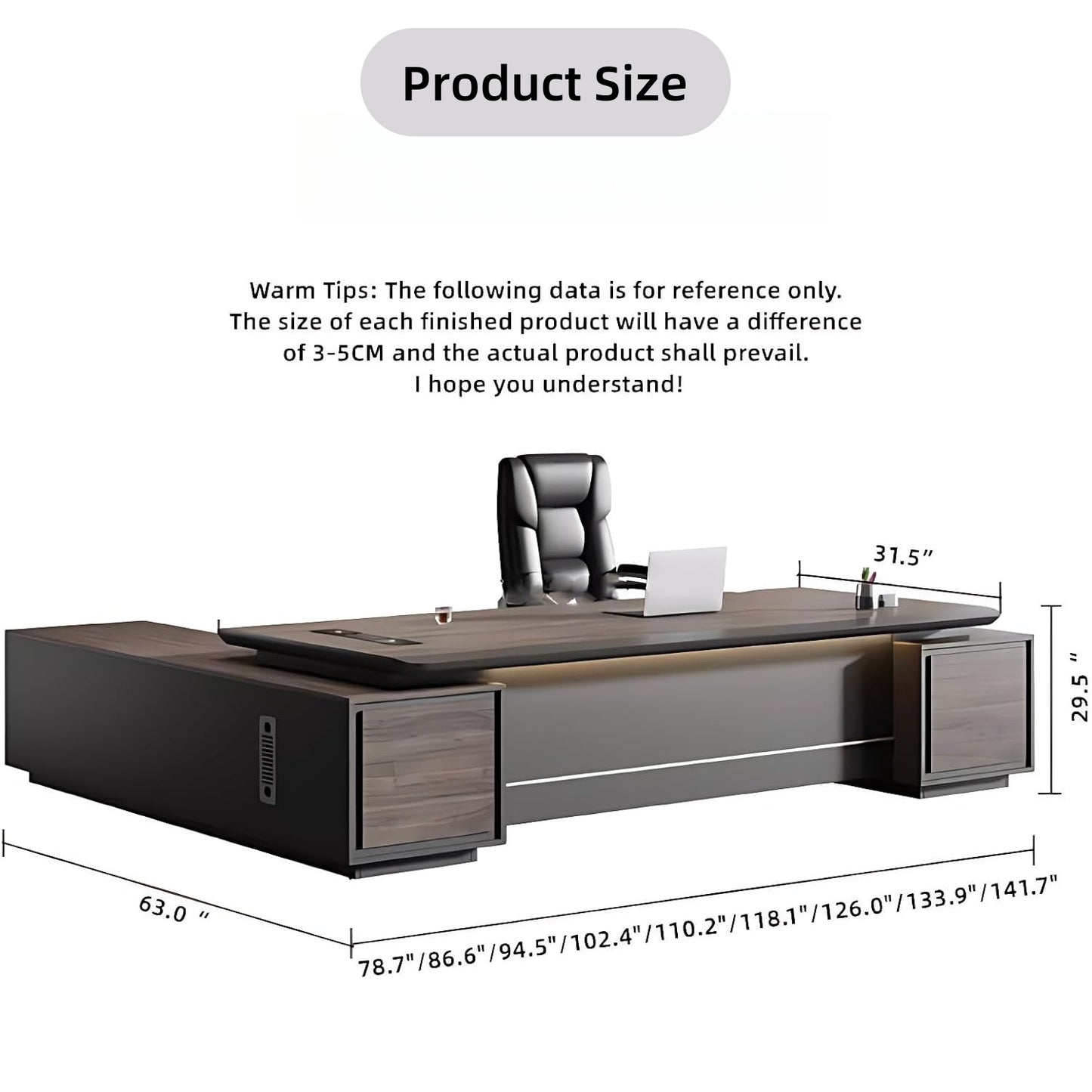 Aihm-Lon Corner Executive Desk with Thick Wooden Tabletop LED Light 78.7"-141.7"