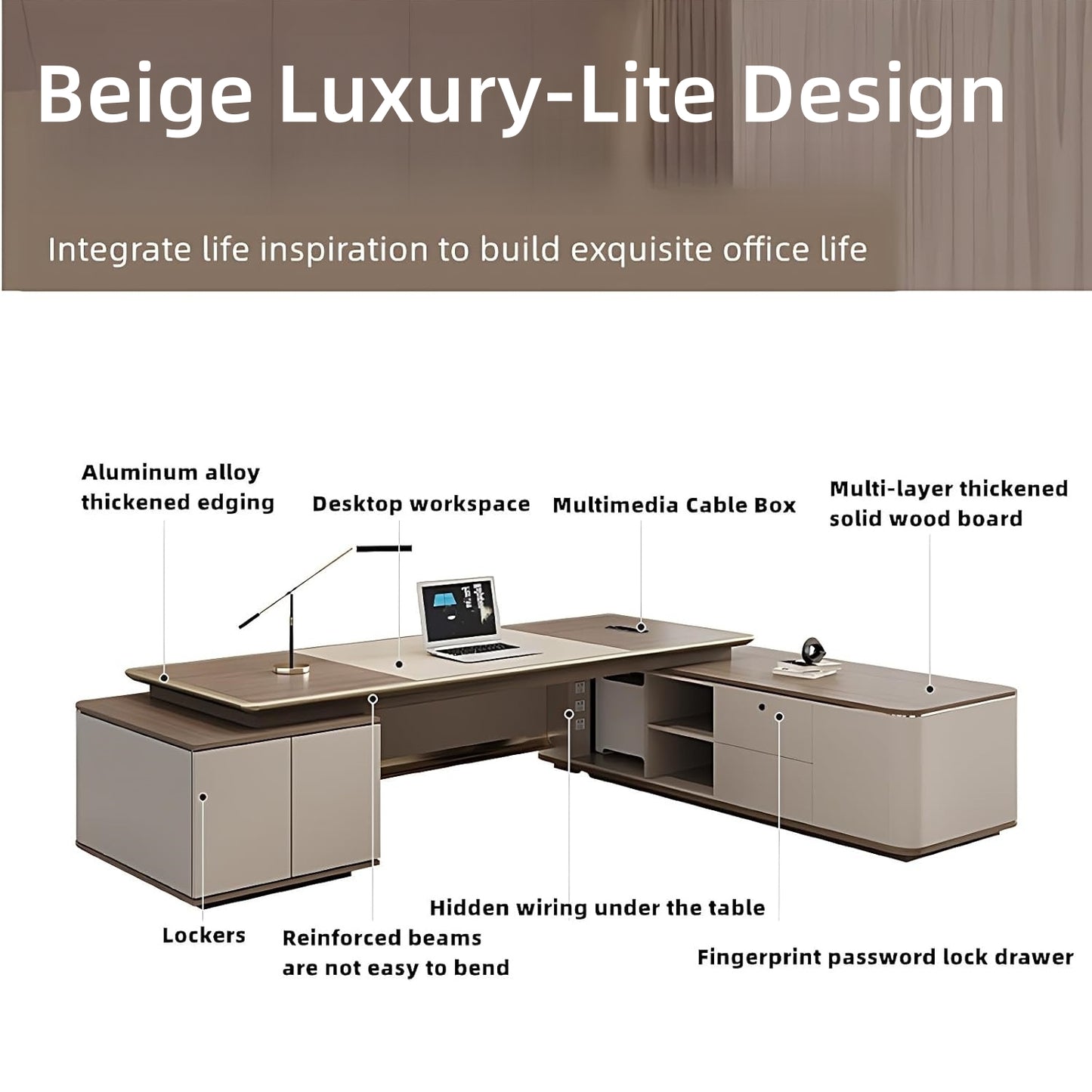 Aihm-Lon Beige Executive Desk with LED Minimalist Warm Wood Design 78.7"-141.7"