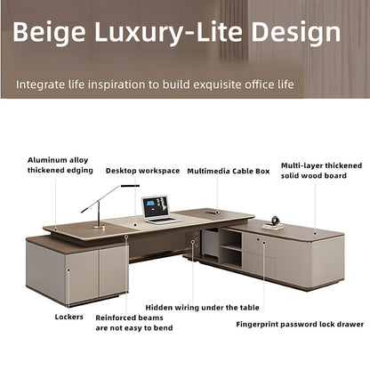 Aihm-Lon Beige Executive Desk with LED Minimalist Warm Wood Design 78.7"-141.7"