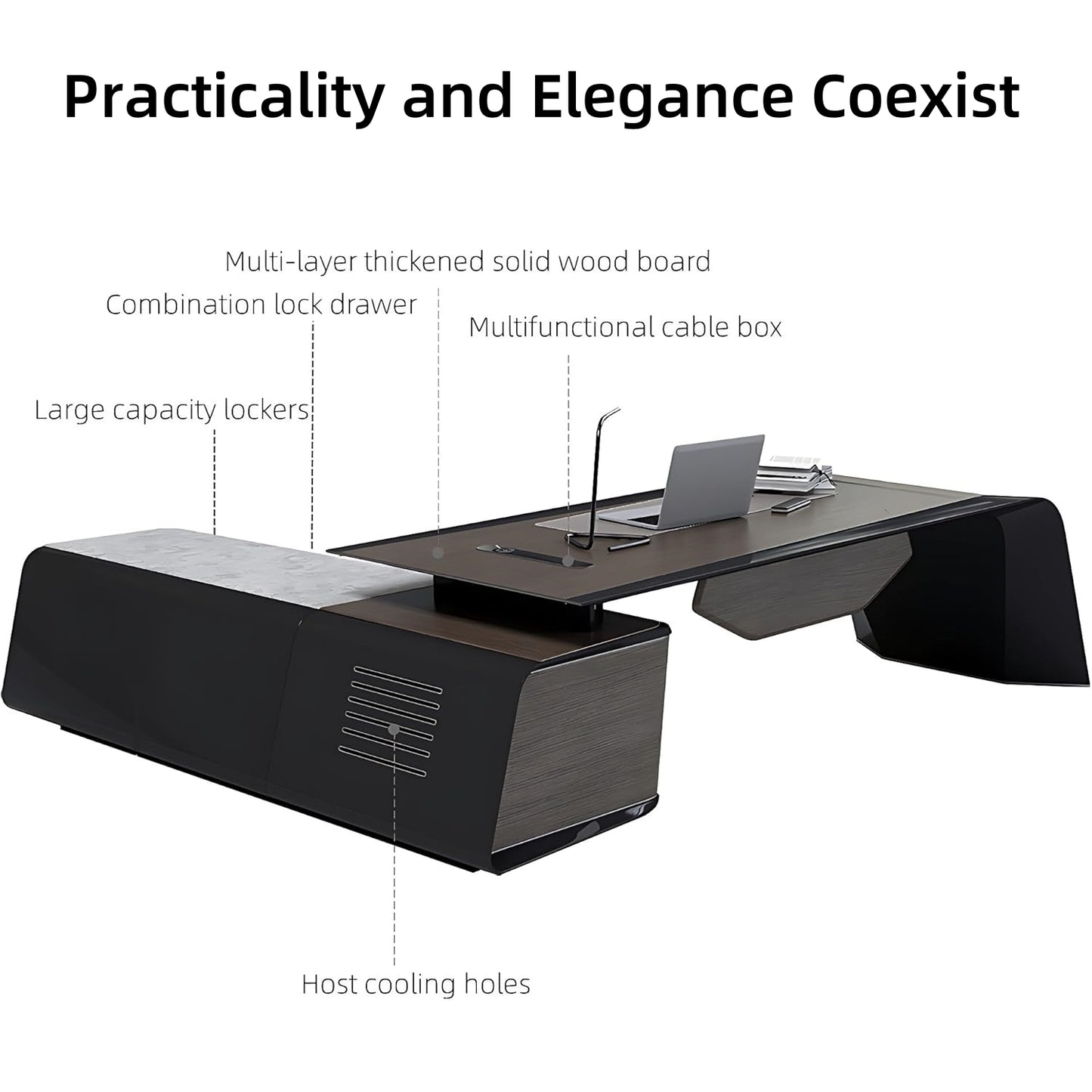 Aihm-Lon High-Grade Executive Desk with Asymmetrical Wood Table Leg 78.7"-141.7"