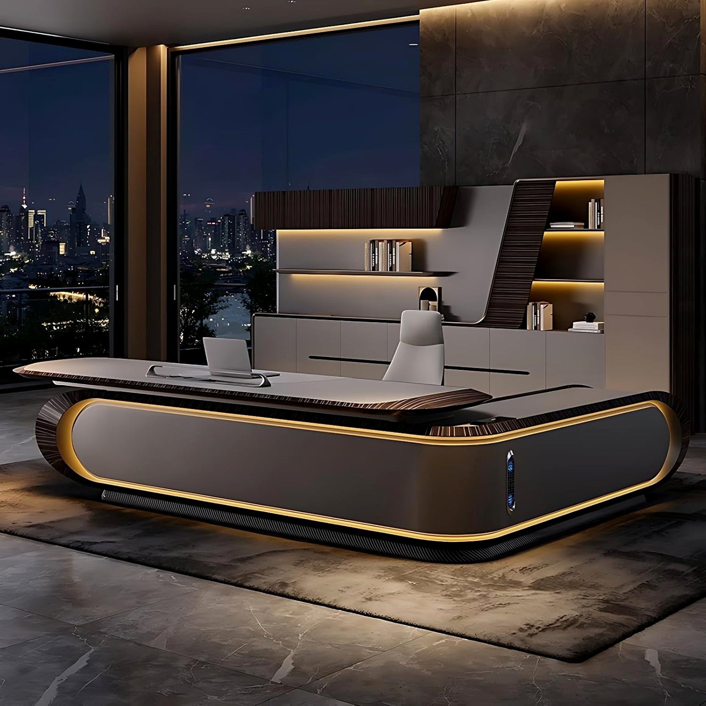 Aihm-Lon Trendy Executive Desk with Elegant Curved LED Light 78.7"-141.7"