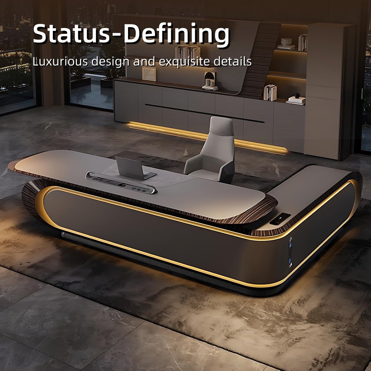 Aihm-Lon Trendy Executive Desk with Elegant Curved LED Light 78.7"-141.7"