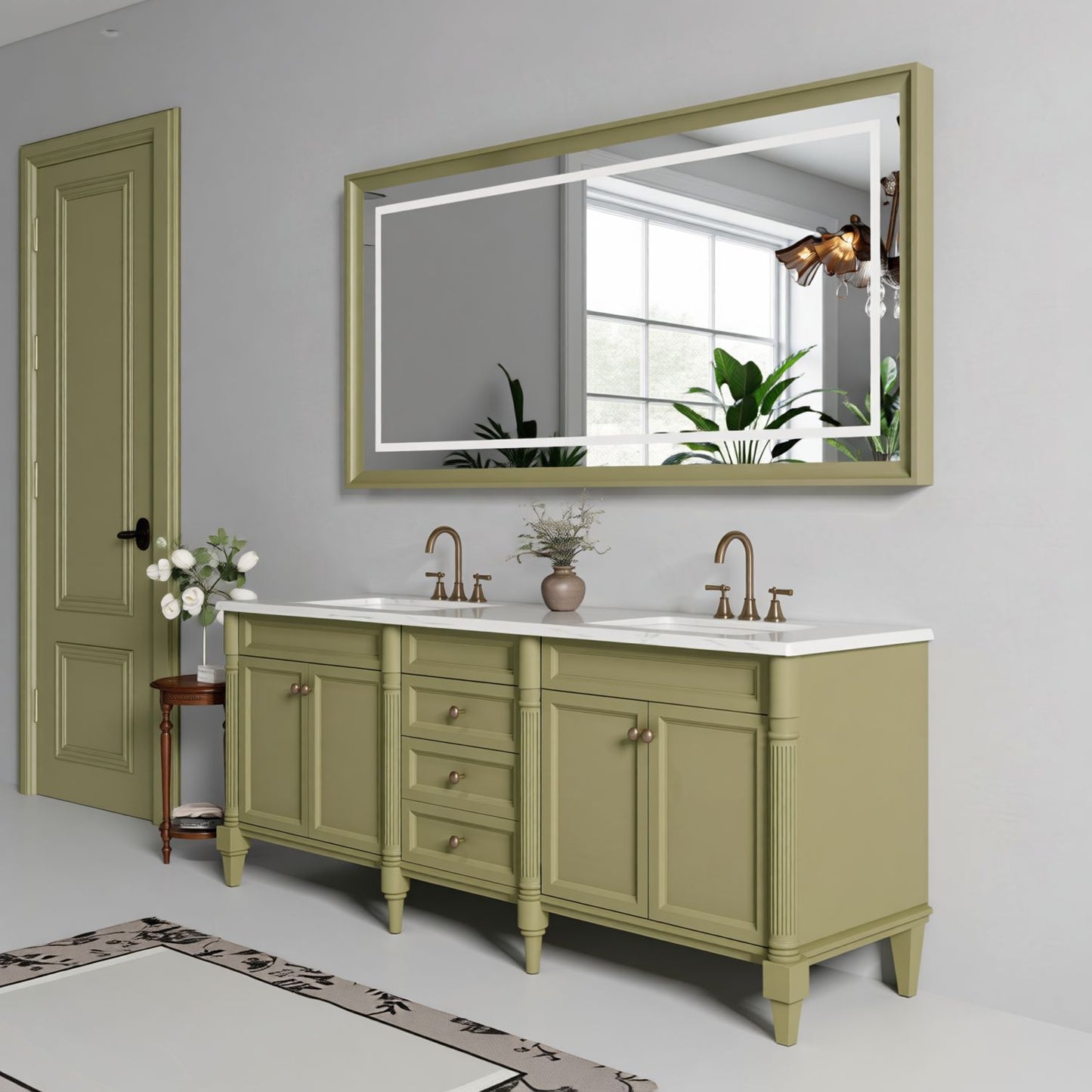 60"-96"Large Classic Bathroom Vanity with Double Sink   Cabinet with Integrated Mirror