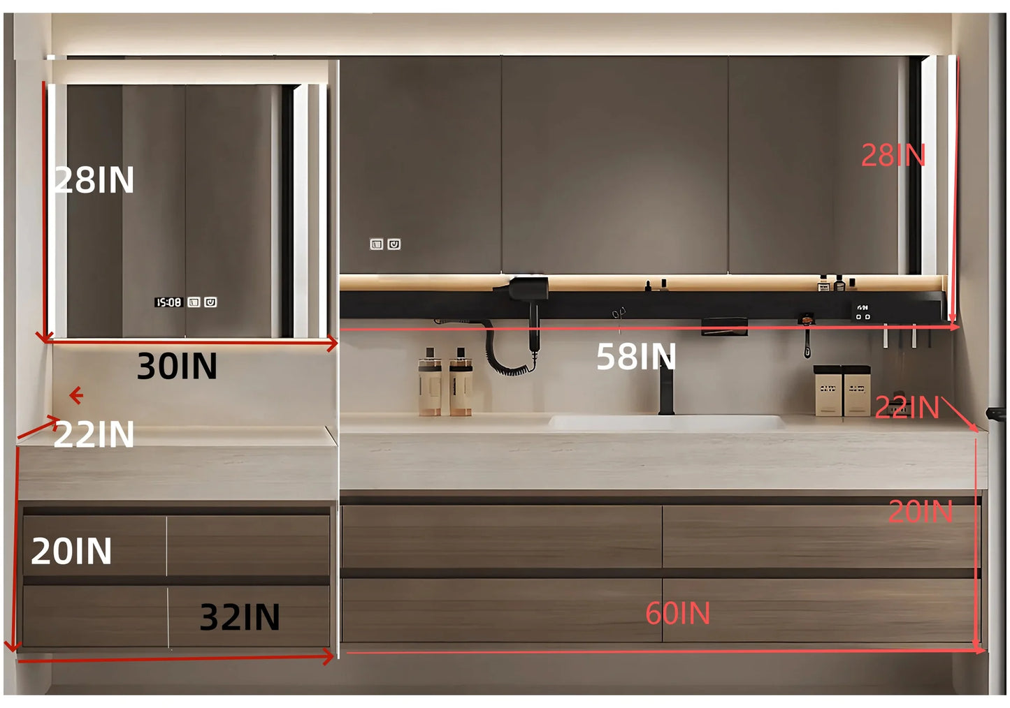 84‘’Solid Wood Bathroom Vanity Set with Integrated Sink and Smart Mirror