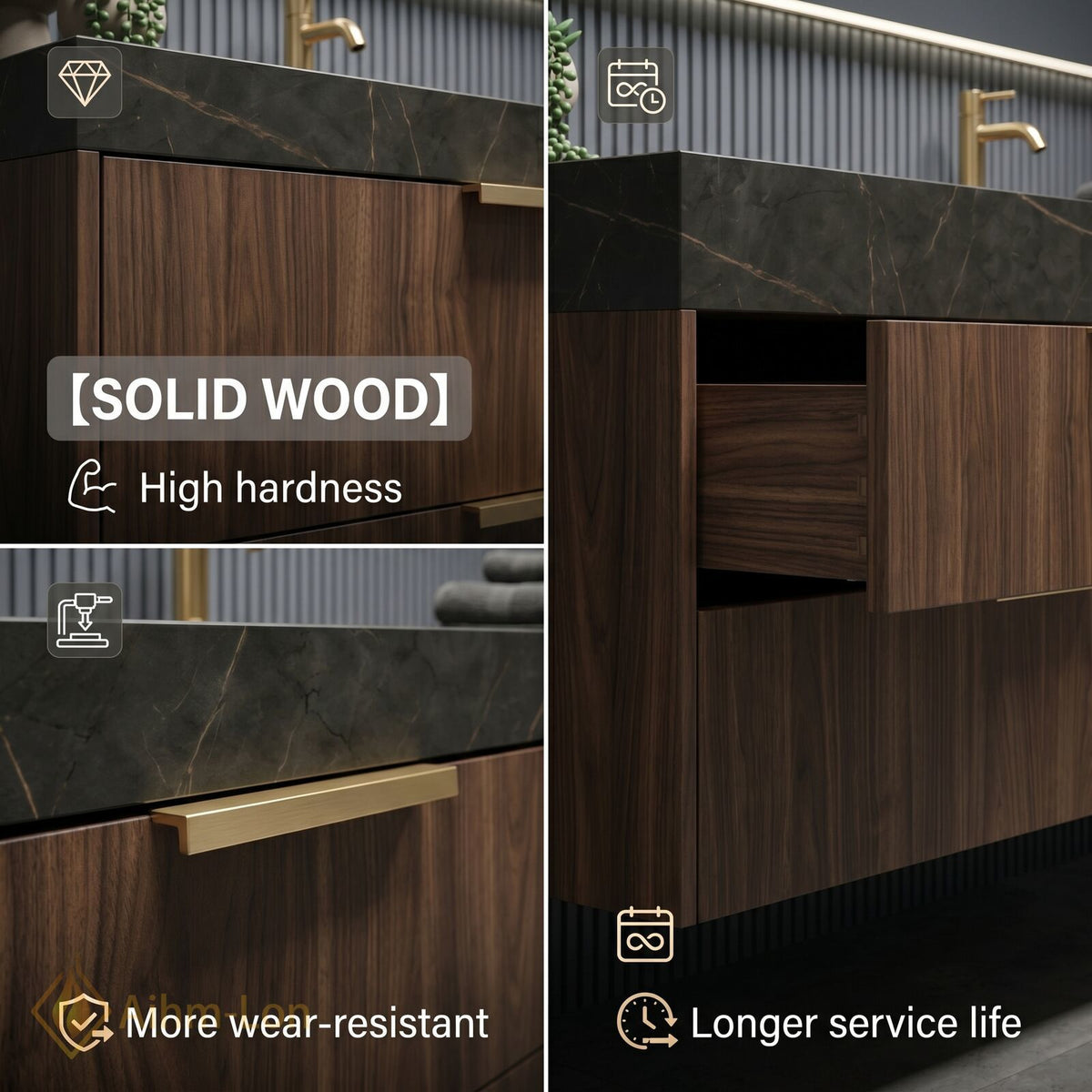 60''-96'' Double Bathroom Vanity with Sink Sleek Floating Silhouette Rich Walnut Wood