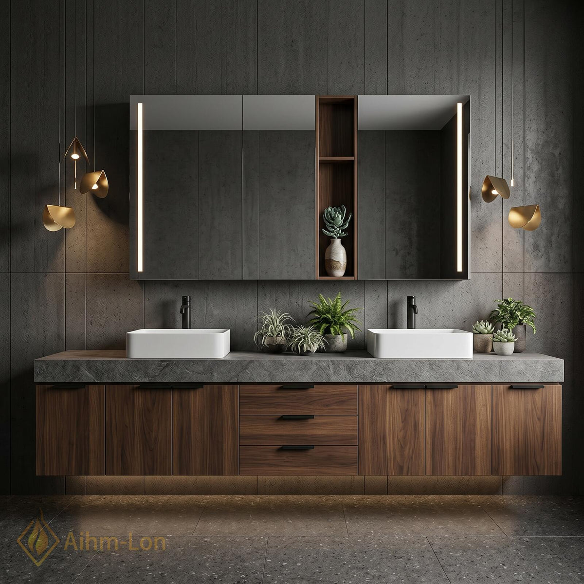 60''-96'' Double Bathroom Vanity with Sink Stone Slab Deep Drawer Charcoal Finish