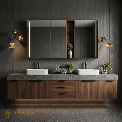 60''-96'' Double Bathroom Vanity with Sink Stone Slab Deep Drawer Charcoal Finish