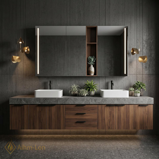 60''-96'' Double Bathroom Vanity with Sink Stone Slab Deep Drawer Charcoal Finish