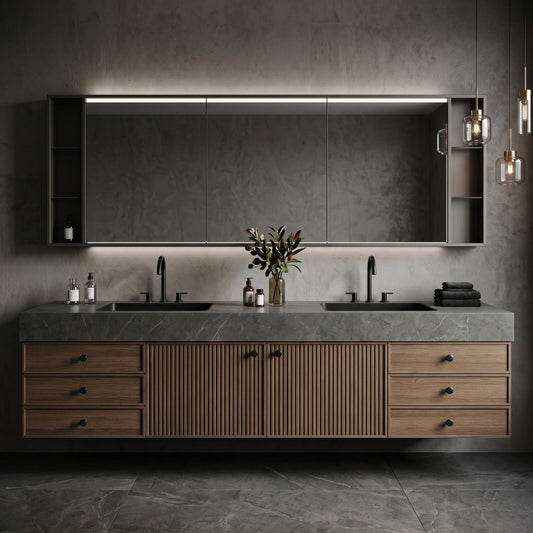 60''-96'' Double Bathroom Vanity with Sink Modern Floating Slatted Wood Doors Wide Countertop