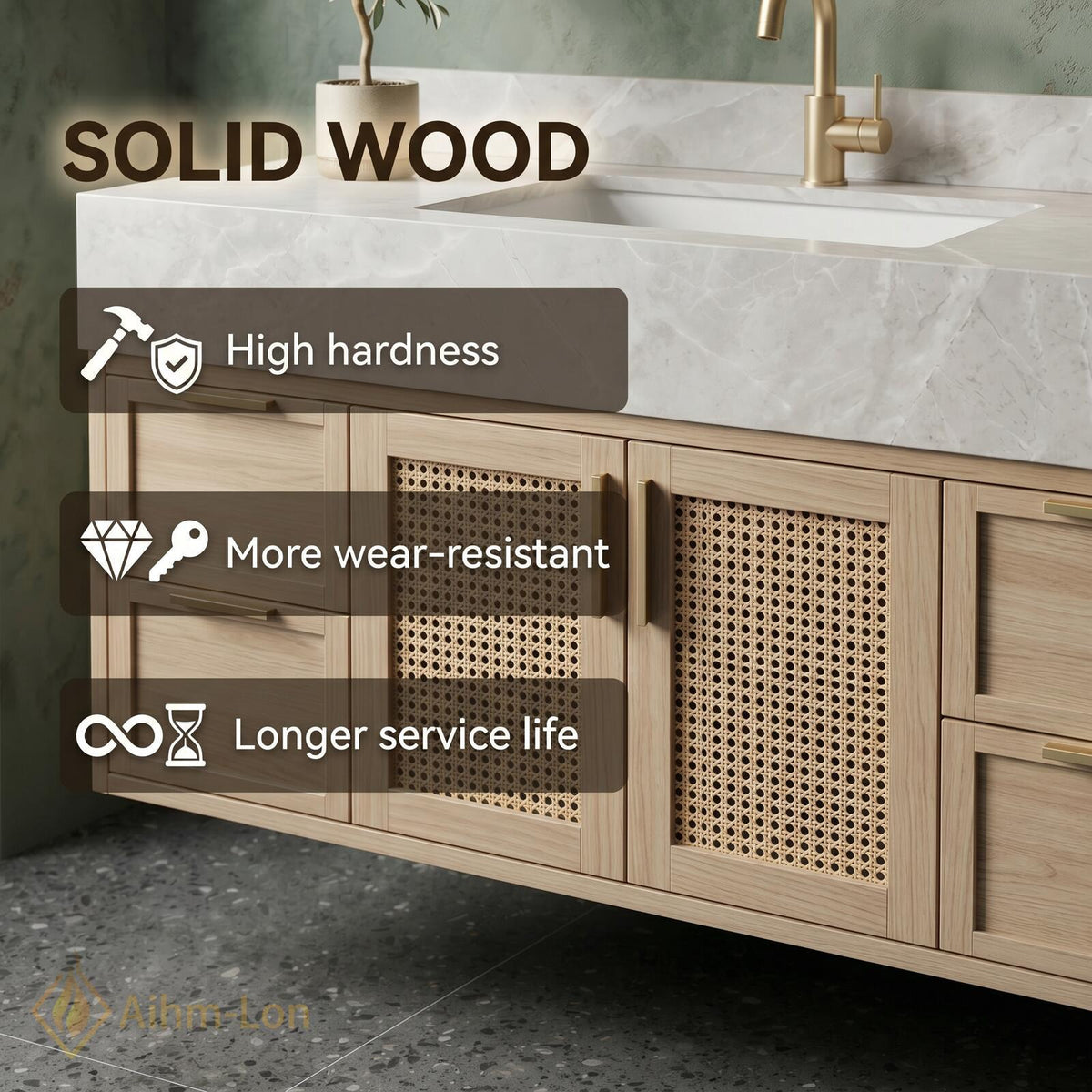 60''-96'' Double Bathroom Vanity with Sink Light Oak Finish Woven Rattan Panels