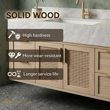 60''-96'' Double Bathroom Vanity with Sink Light Oak Finish Woven Rattan Panels