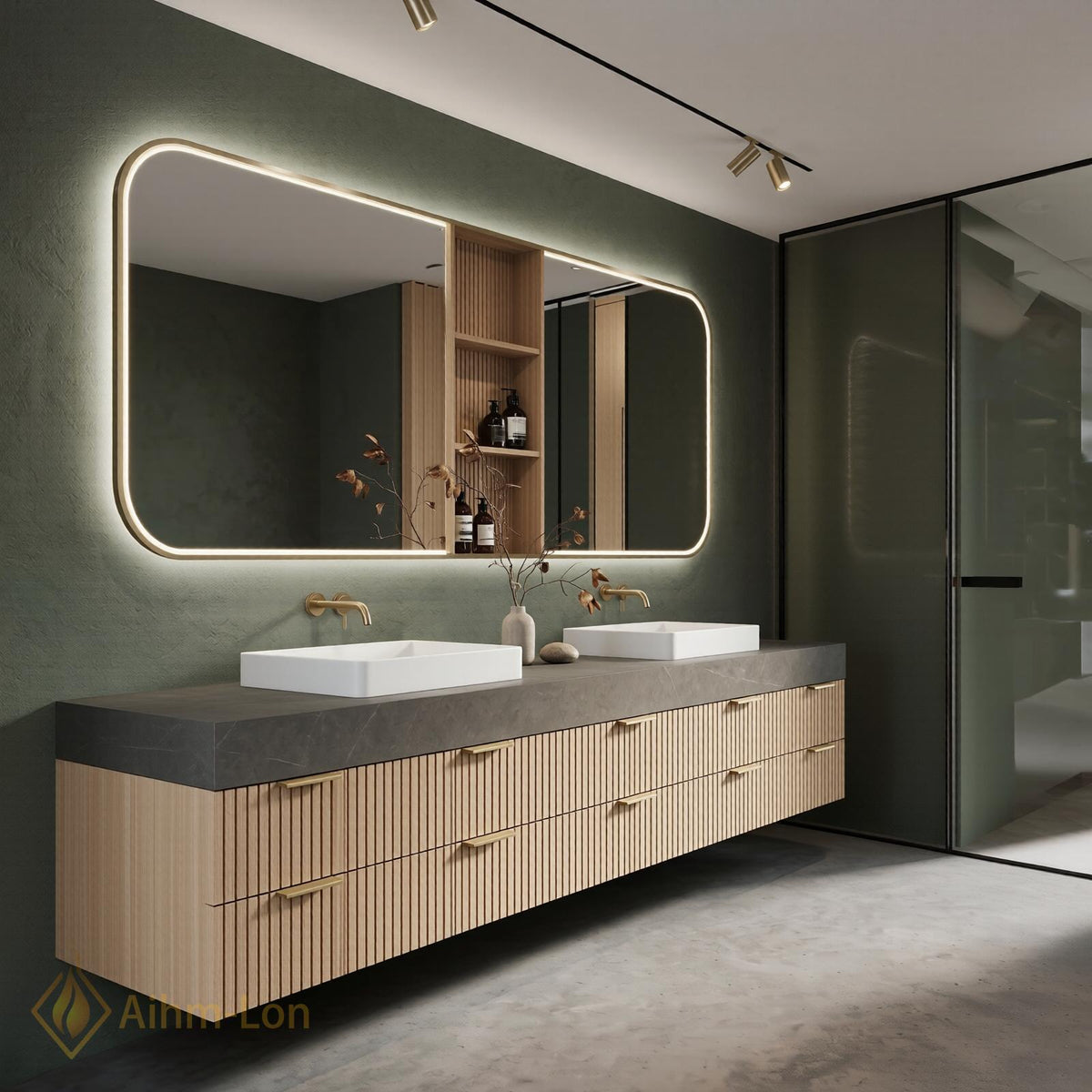 60''-96'' Double Bathroom Vanity with Sink Geometric Grey Stone Slatted Wood Panels