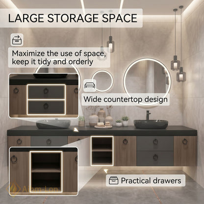 78''-96'' Double Bathroom Vanity with Sink Charcoal Finish Open Shelf Storage