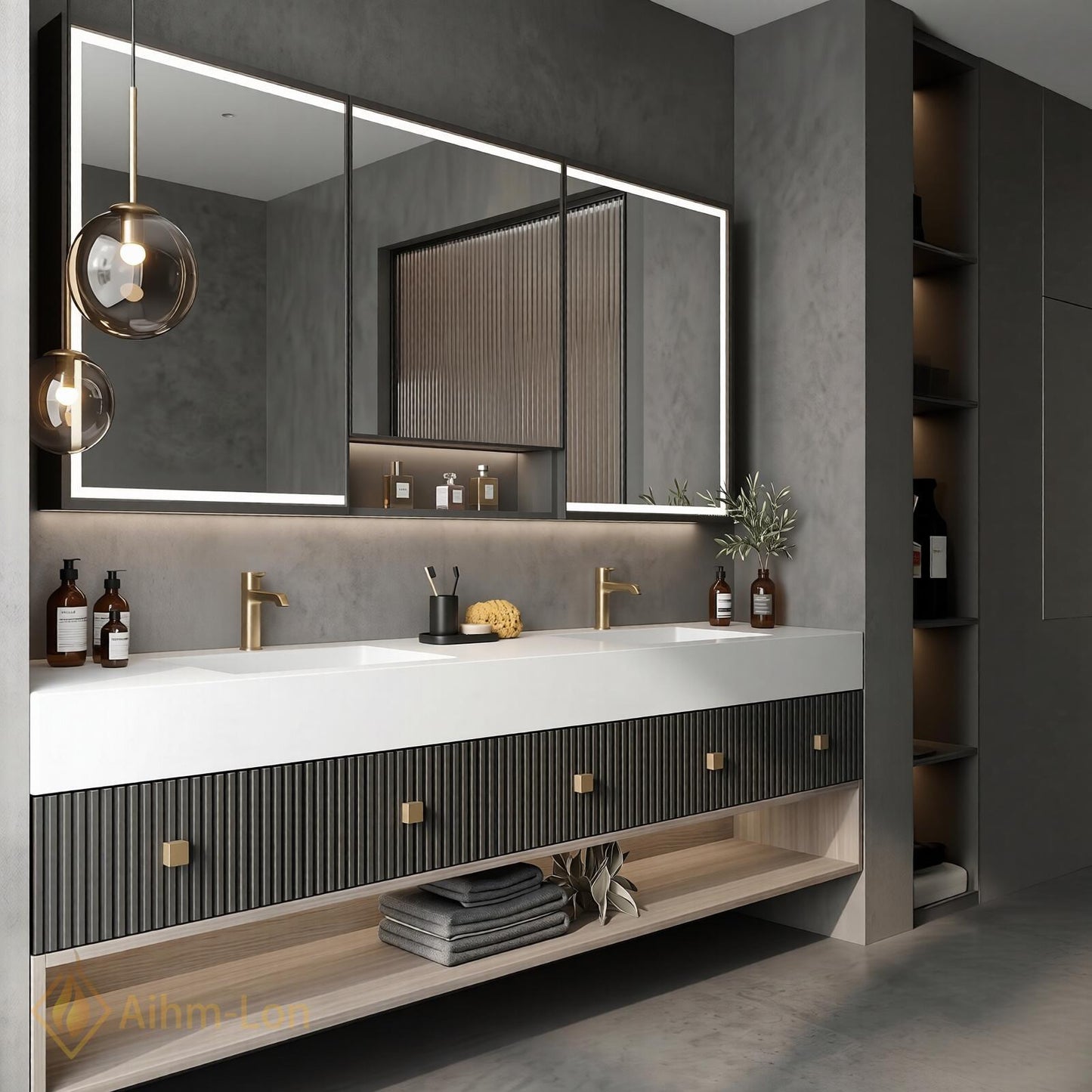 70''-96'' Double Bathroom Vanity with Sink Modern Floating Ribbed Dark Grey Panel
