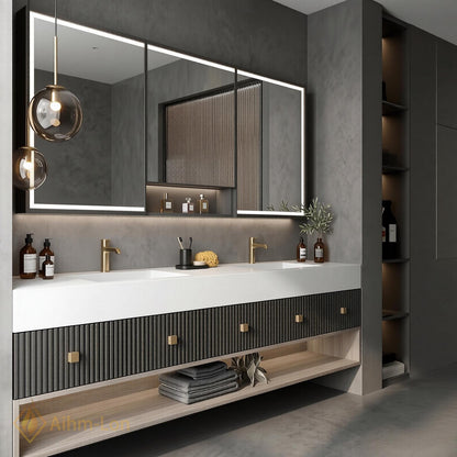 70''-96'' Double Bathroom Vanity with Sink Modern Floating Ribbed Dark Grey Panel