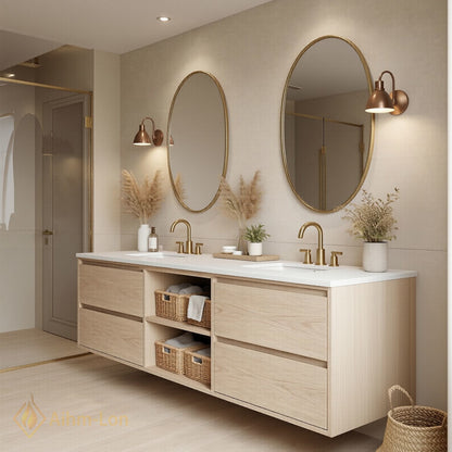 60''-96'' Floating Bathroom Vanity with Sink Double Center Shelves Natural Wood Grain