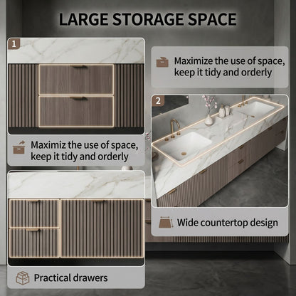 72''-96'' Modern Bathroom Vanity with Sink Double Sink Ridge-Panel Marble-Effect Mirror Cabinet