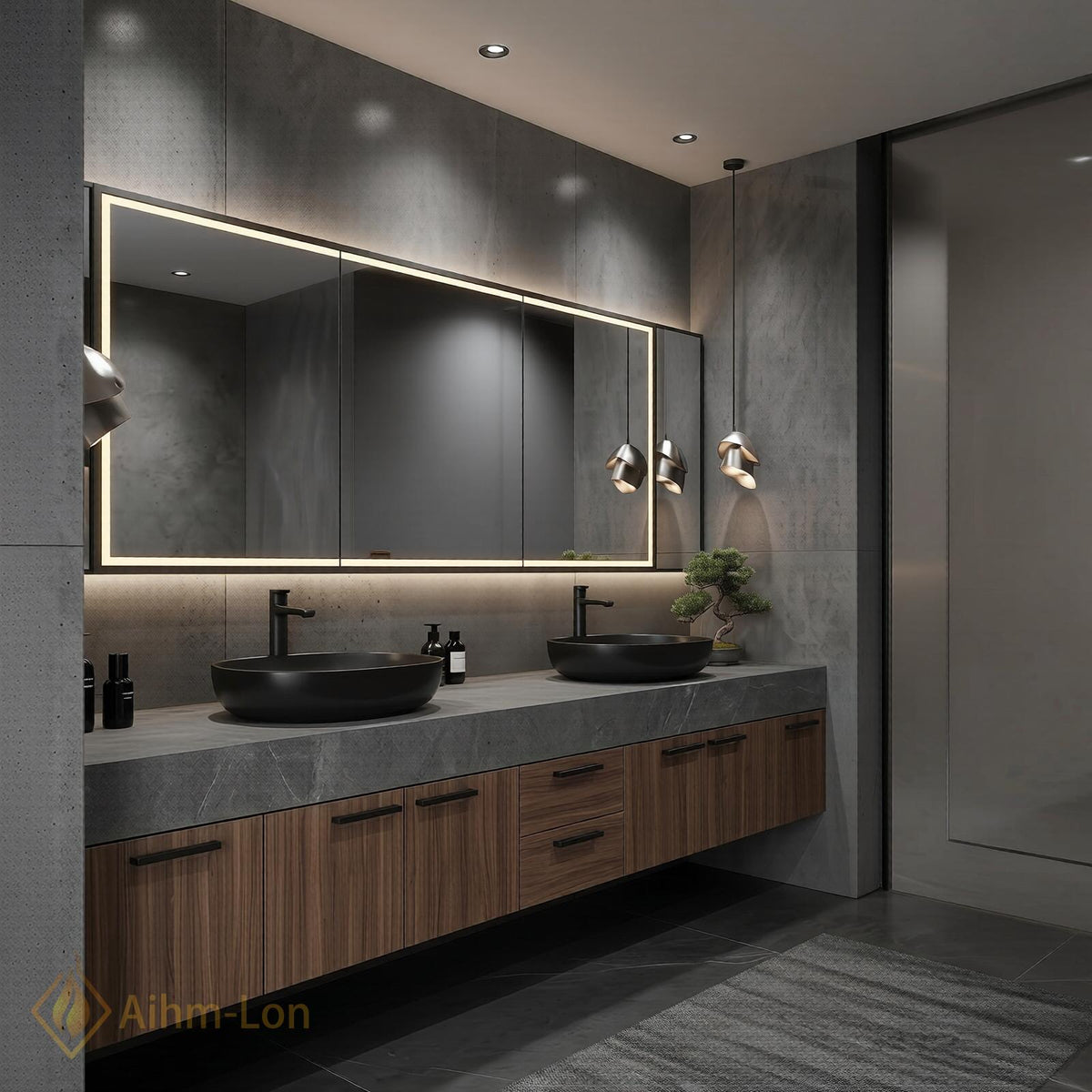 60''-96'' Double Bathroom Vanity with Sink Floating Dark Walnut Finish Mirror Cabinet