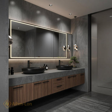 60''-96'' Double Bathroom Vanity with Sink Floating Dark Walnut Finish Mirror Cabinet