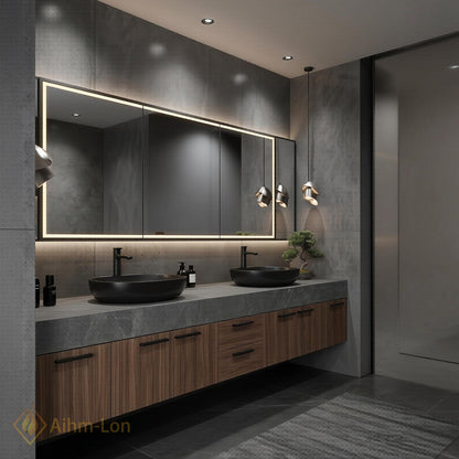 60''-96'' Double Bathroom Vanity with Sink Floating Dark Walnut Finish Mirror Cabinet