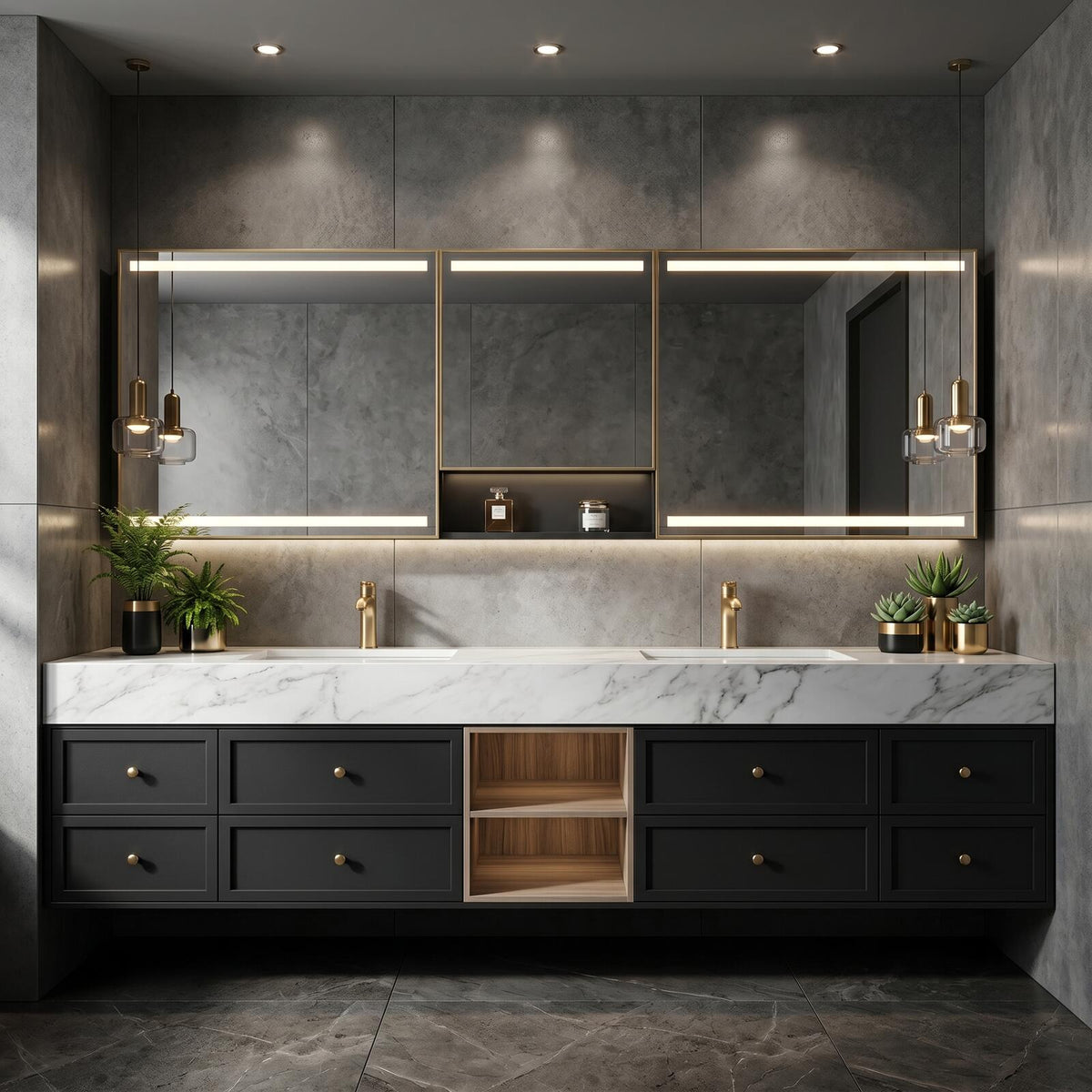 60''-96'' Double Bathroom Vanity with Sink Modern Floating Marble Top Open Wood Shelving