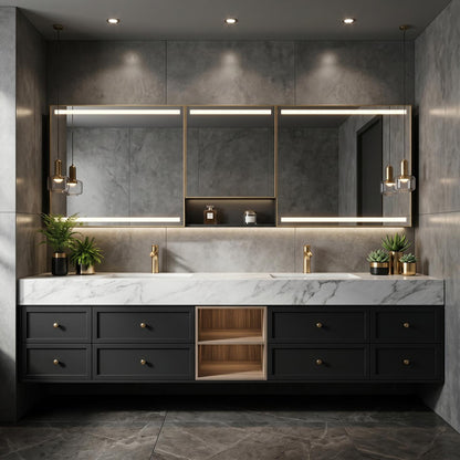 60''-96'' Double Bathroom Vanity with Sink Modern Floating Marble Top Open Wood Shelving