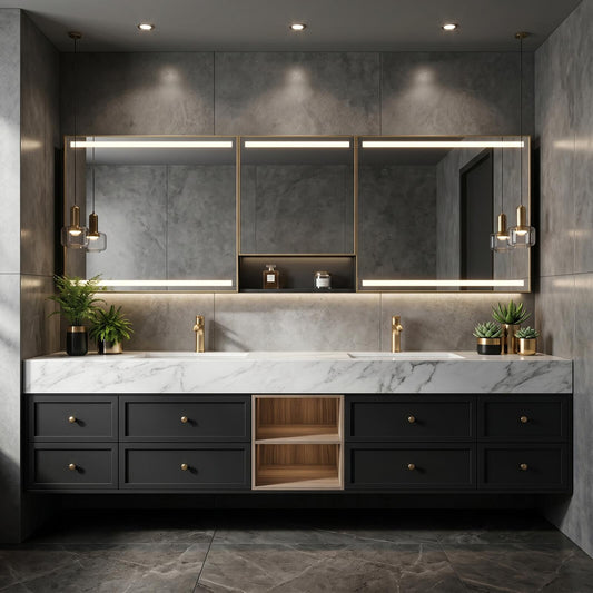 60''-96'' Double Bathroom Vanity with Sink Modern Floating Marble Top Open Wood Shelving