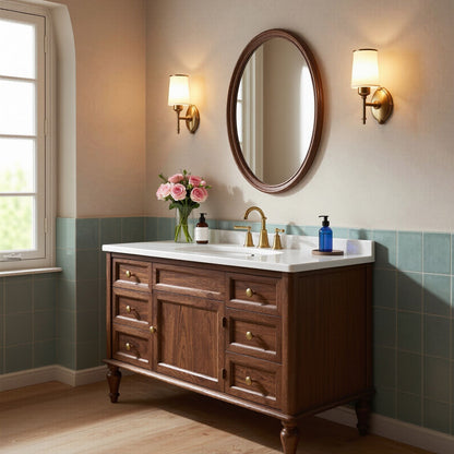 50''-64'' Classic Bathroom Vanity with Sink Single Chestnut White Marble Spacious Drawers Cabinet