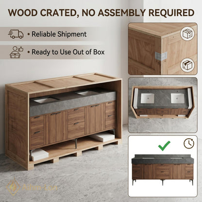 60''-96'' Double Bathroom Vanity with Sink Modern Floating Dark Stone Under-Cabinet Drawers