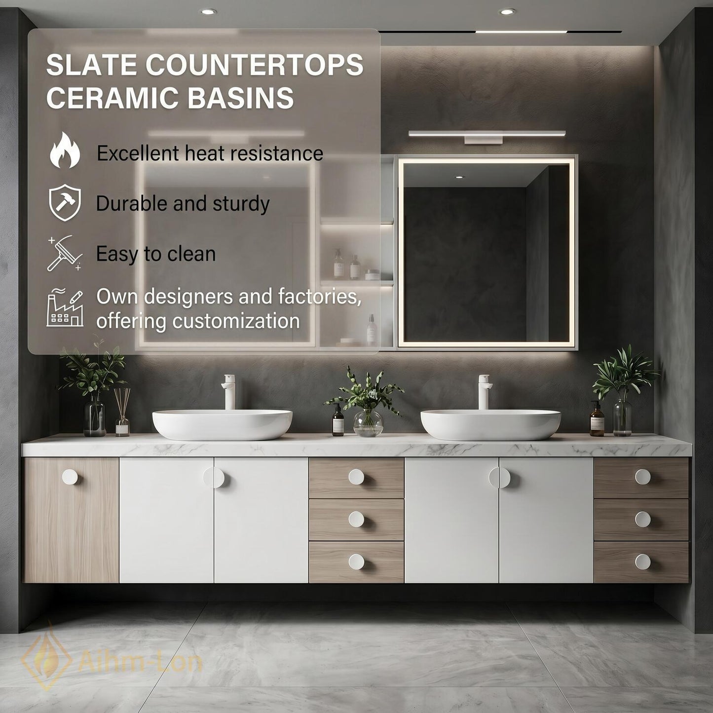 70''-96'' Modern Double Bathroom Vanity with Sink White Marble-Look Center Drawer Cabinet
