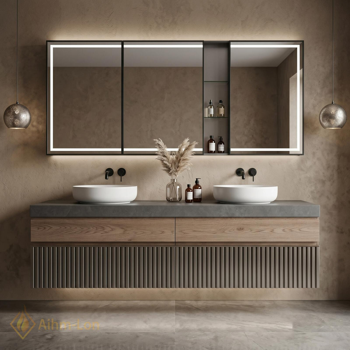 60''-96'' Bathroom Vanity with Sink Floating Ribbed Lower Panel Solid Wood Top