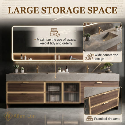 76''-96'' Double Bathroom Vanity with Sink Dark-Walnut Walnut Modern Fluted Glass Doors