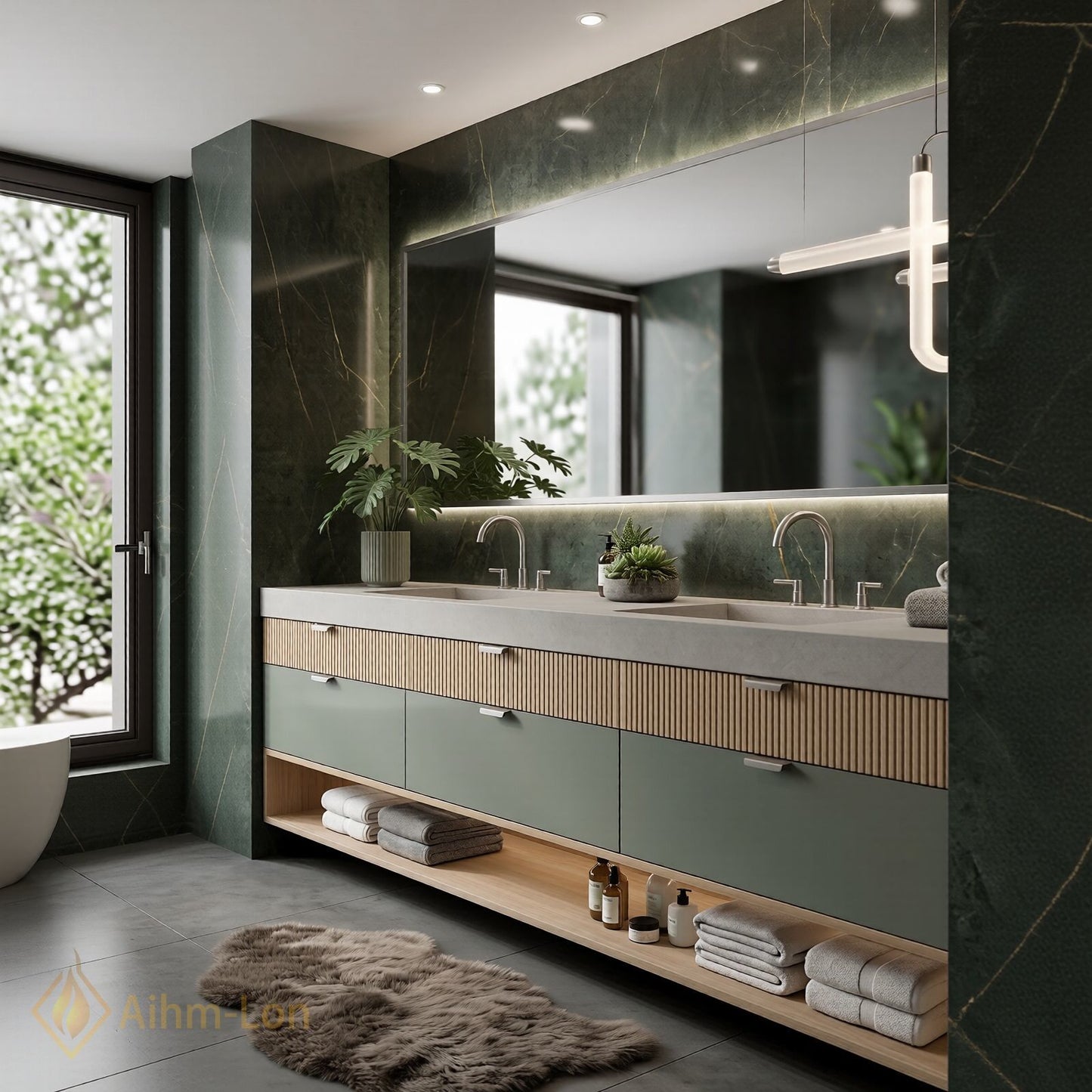 70''-96'' Double Bathroom Vanity with Sink Grey Modern Slatted Vertical Panels Slate