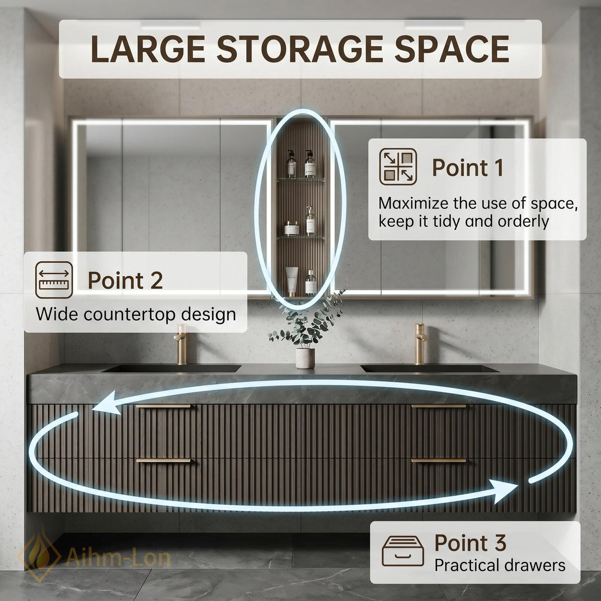 60''-96'' Bathroom Vanity with Sink Floating Double Grey Stone Top Slatted Front
