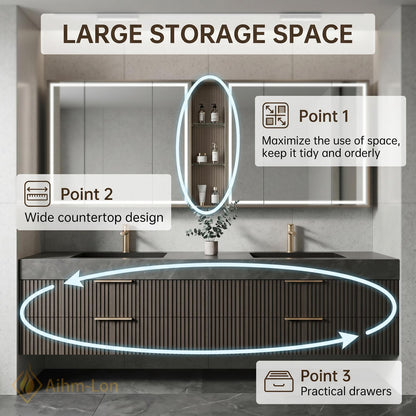 60''-96'' Bathroom Vanity with Sink Floating Double Grey Stone Top Slatted Front
