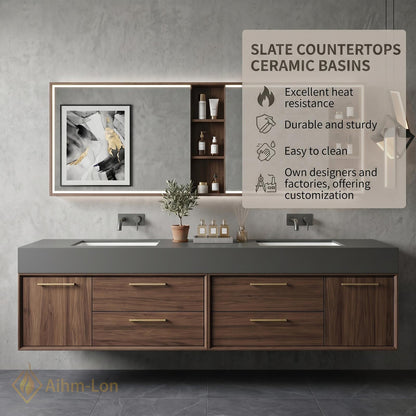 60''-96'' Double Bathroom Vanity with Sink Floating Warm Wood-Grain Finish Drawer Unit